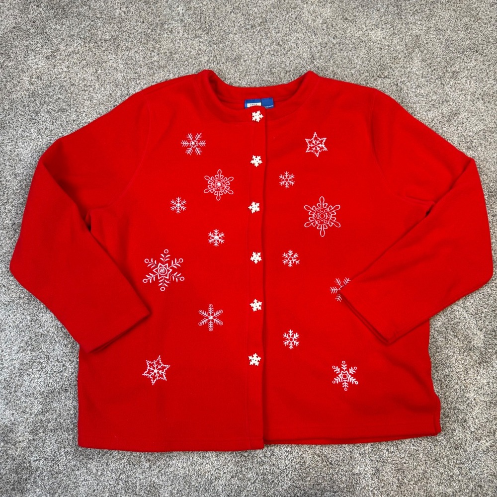 Falls Creek Red Fleece Snowflake Cardigan Button Front Sweater Womens 2X Holiday